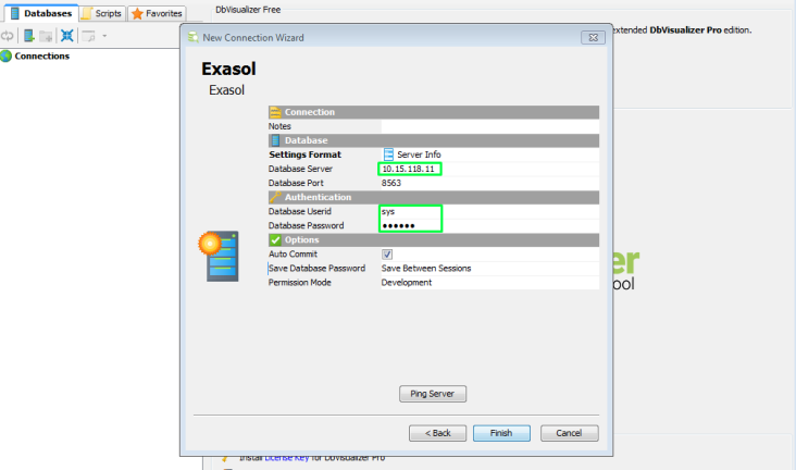 Connect DbVisualizer to Exasol - Connection Details